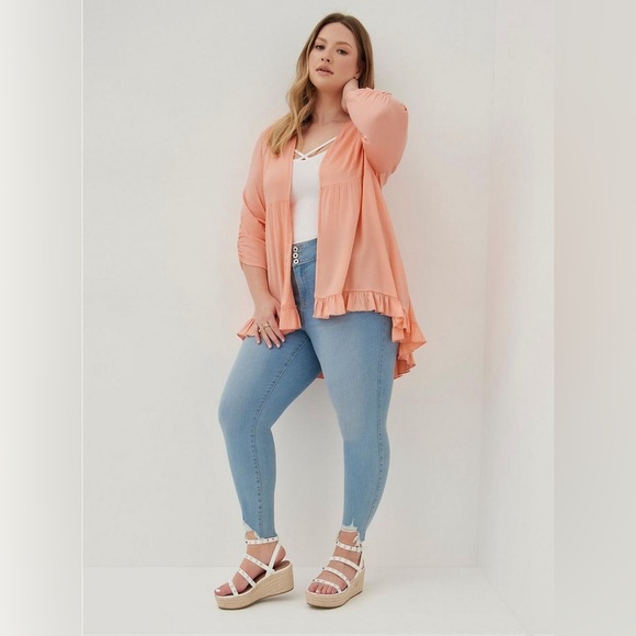 Torrid Coral Pink Ruffle Tunic Duster Sweater Cardigan Size 2X - Picture 4 of 8